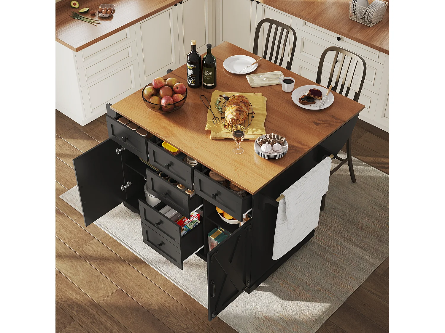 Desserte de cuisine avec 6 tiroirs et 2 portes, plateau extensible en bois, métal + MDF, couleur noir + naturel