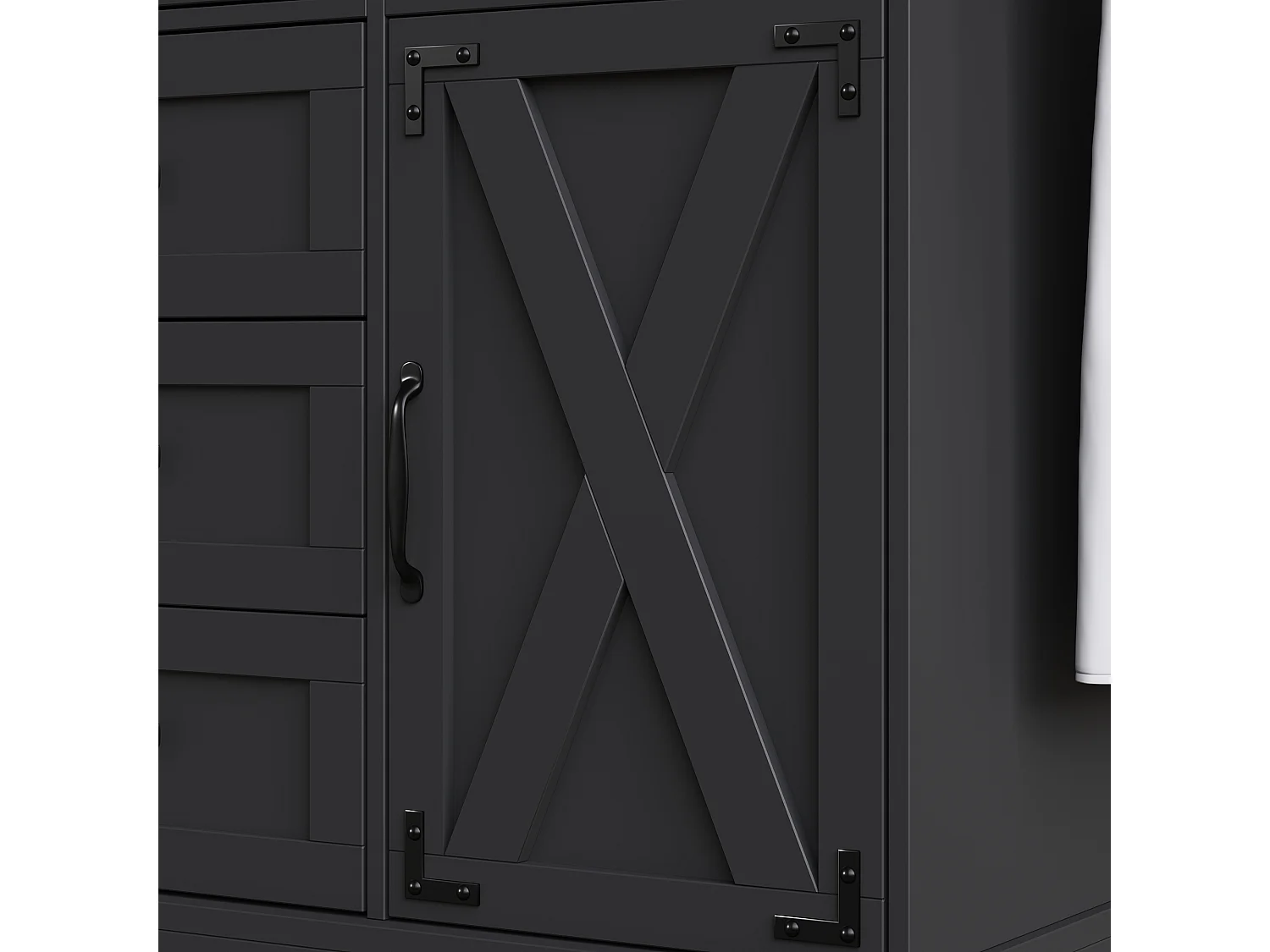 Desserte de cuisine avec 6 tiroirs et 2 portes, plateau extensible en bois, métal + MDF, couleur noir + naturel