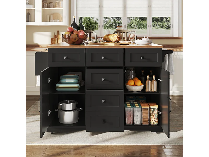 Carrinho de cozinha com 6 gavetas e 2 portas, tampo extensível em madeira, metal + MDF, preto + cor natural