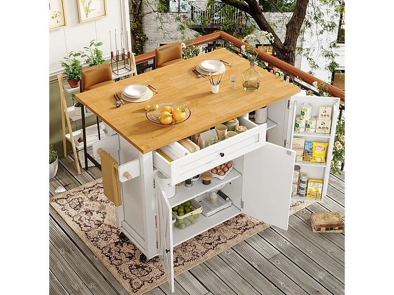 Carrello da cucina con 3 ante, 1 cassetto, portasciugamani e porta spezie, design tavolo pieghevole, colori bianco e naturale