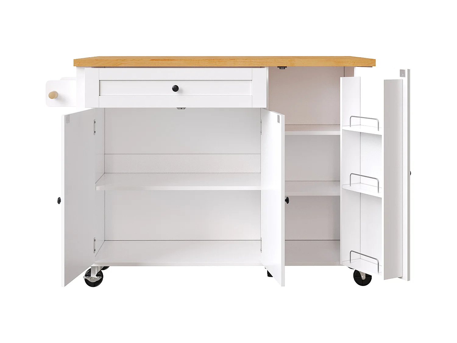 Carrello da cucina con 3 ante, 1 cassetto, portasciugamani e porta spezie, design tavolo pieghevole, colori bianco e naturale