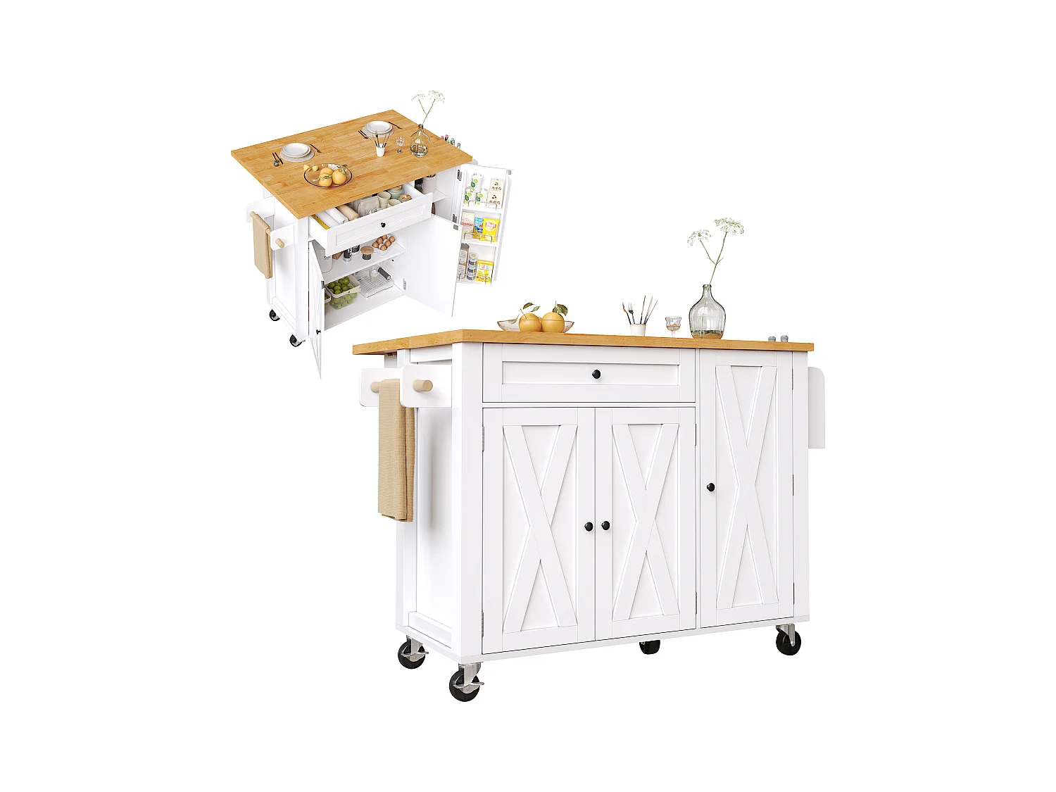 Carrello da cucina con 3 ante, 1 cassetto, portasciugamani e porta spezie, design tavolo pieghevole, colori bianco e naturale