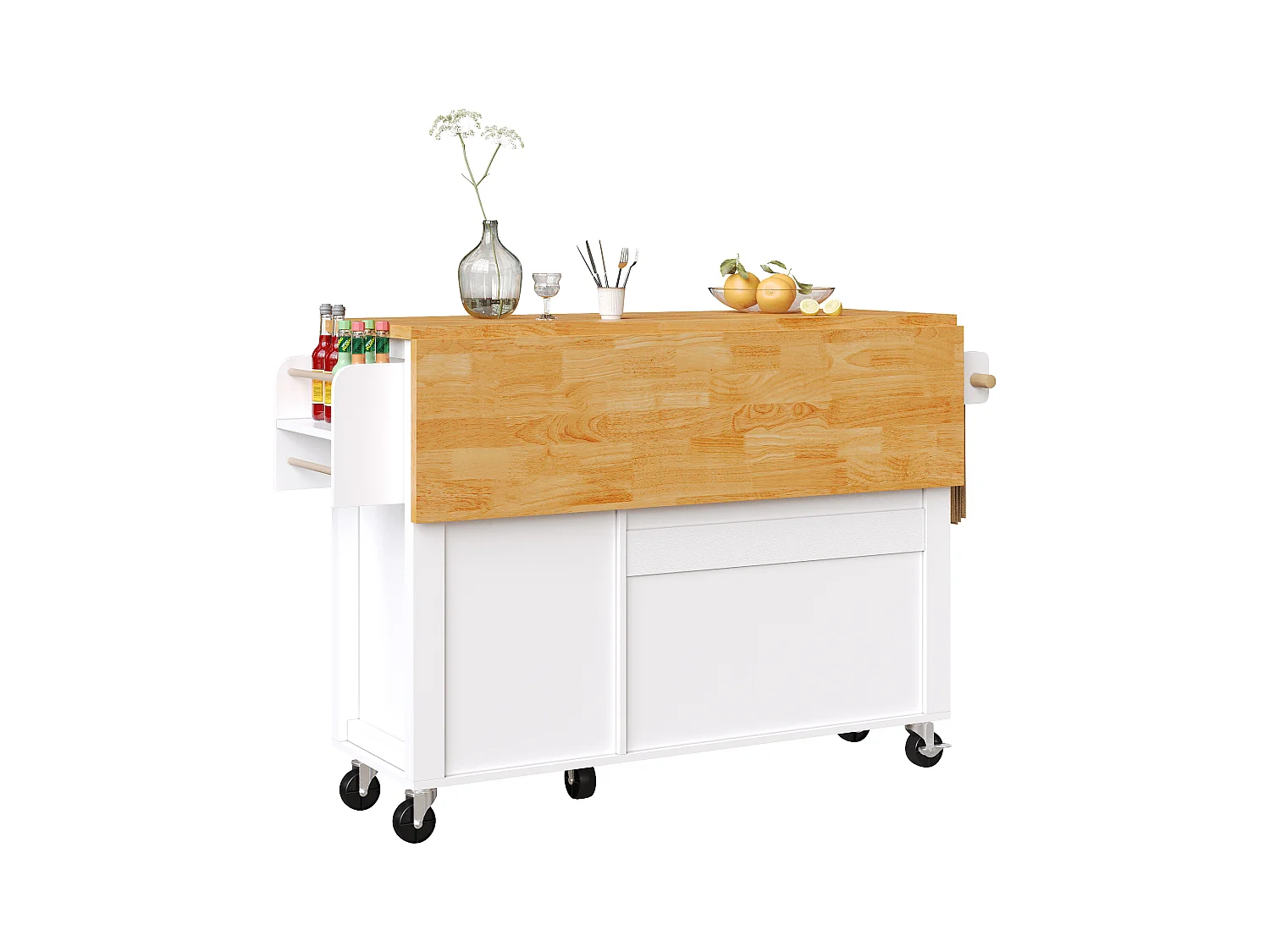 Carrello da cucina con 3 ante, 1 cassetto, portasciugamani e porta spezie, design tavolo pieghevole, colori bianco e naturale