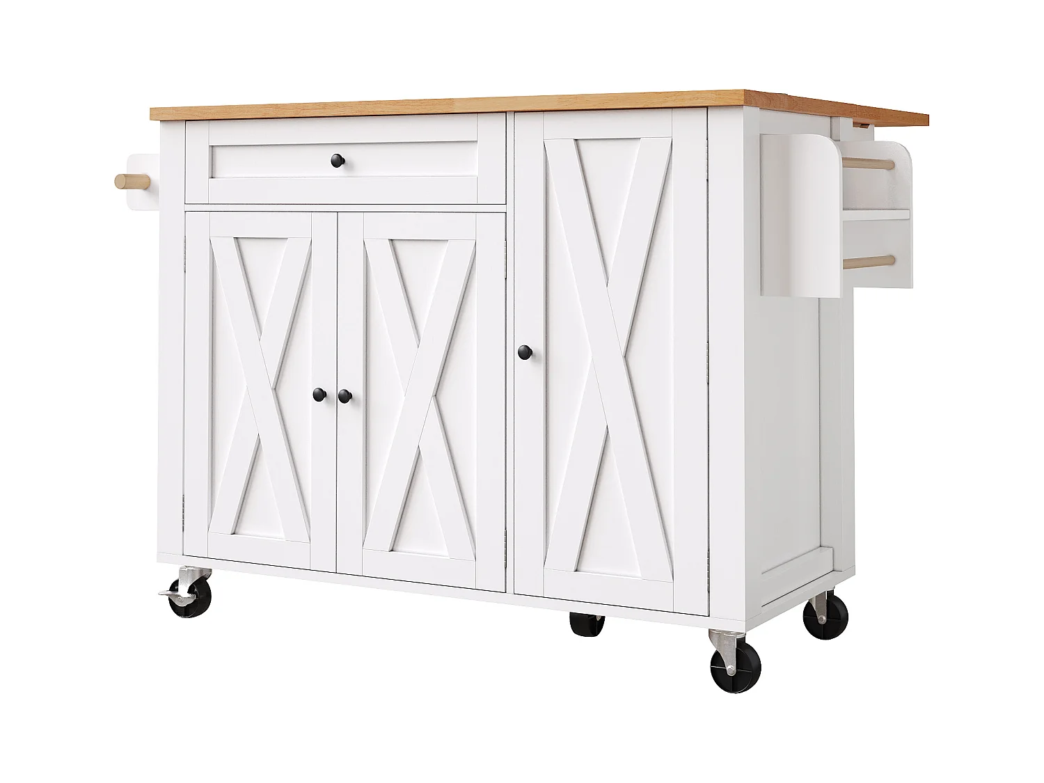 Carrello da cucina con 3 ante, 1 cassetto, portasciugamani e porta spezie, design tavolo pieghevole, colori bianco e naturale