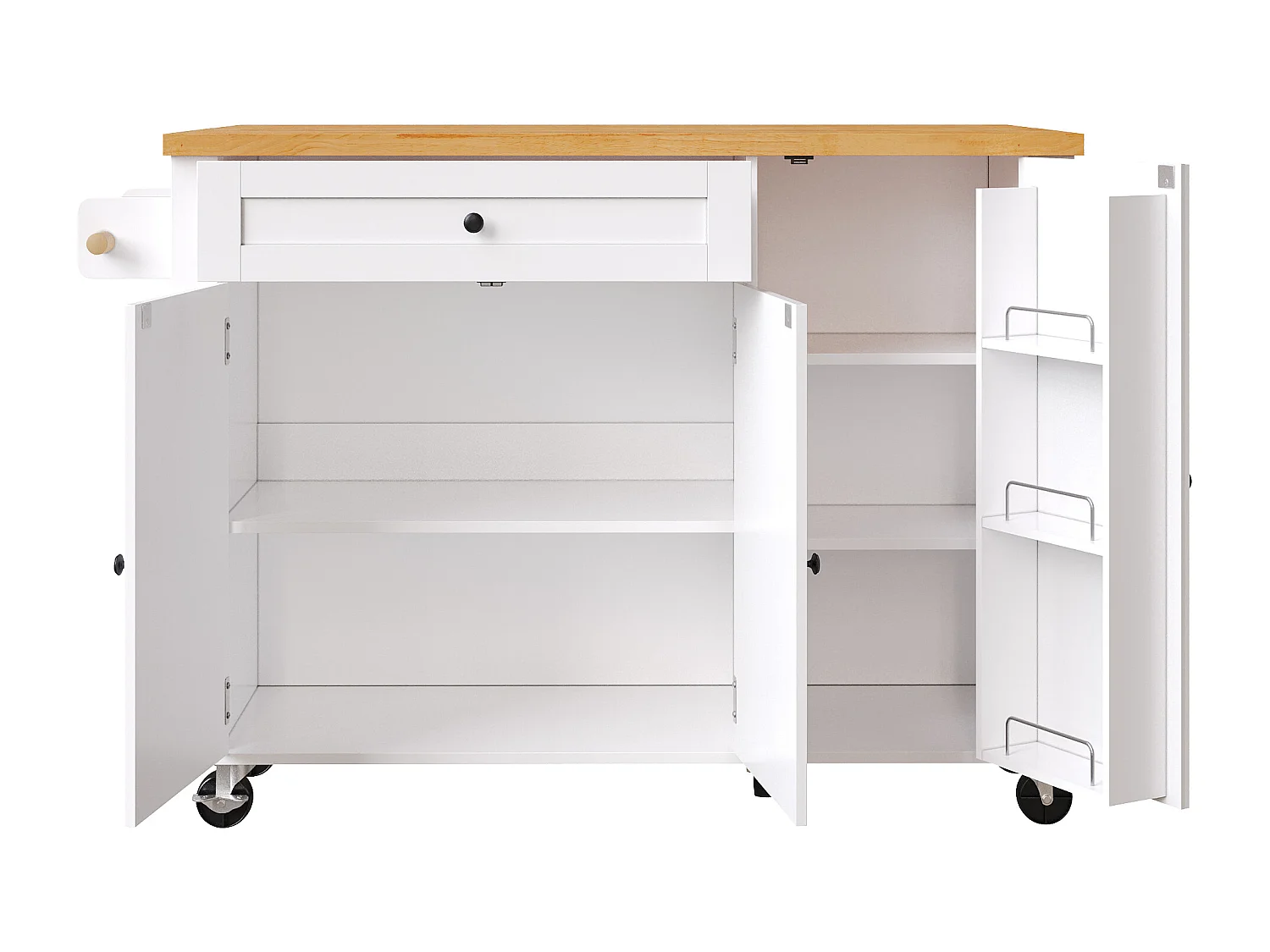 Desserte de cuisine avec 3 portes, 1 tiroir, porte-serviette et porte-épice, design table pliante, couleurs blanc et naturel