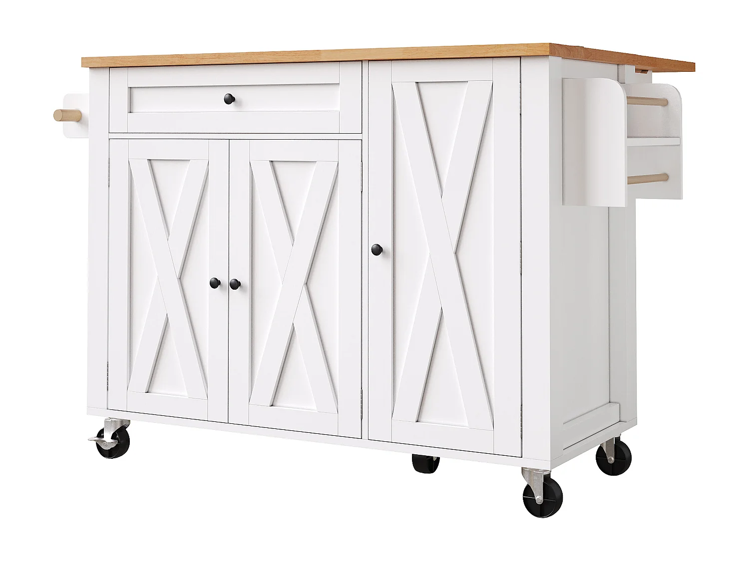 Desserte de cuisine avec 3 portes, 1 tiroir, porte-serviette et porte-épice, design table pliante, couleurs blanc et naturel