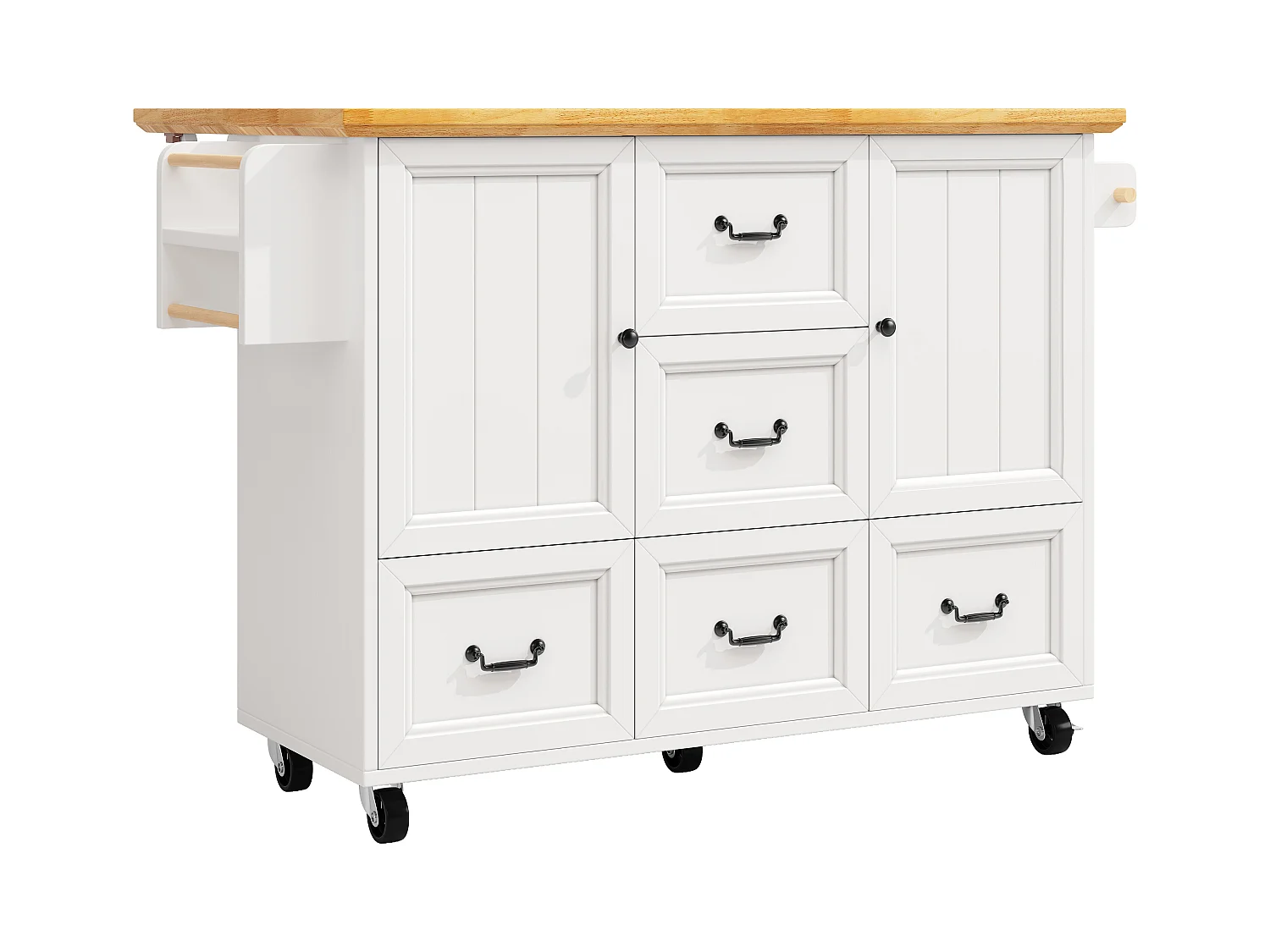 Carrello da cucina bianco e naturale con 2 ante e 5 cassetti, ripiani regolabili 140 x 73 (45) x 93 cm