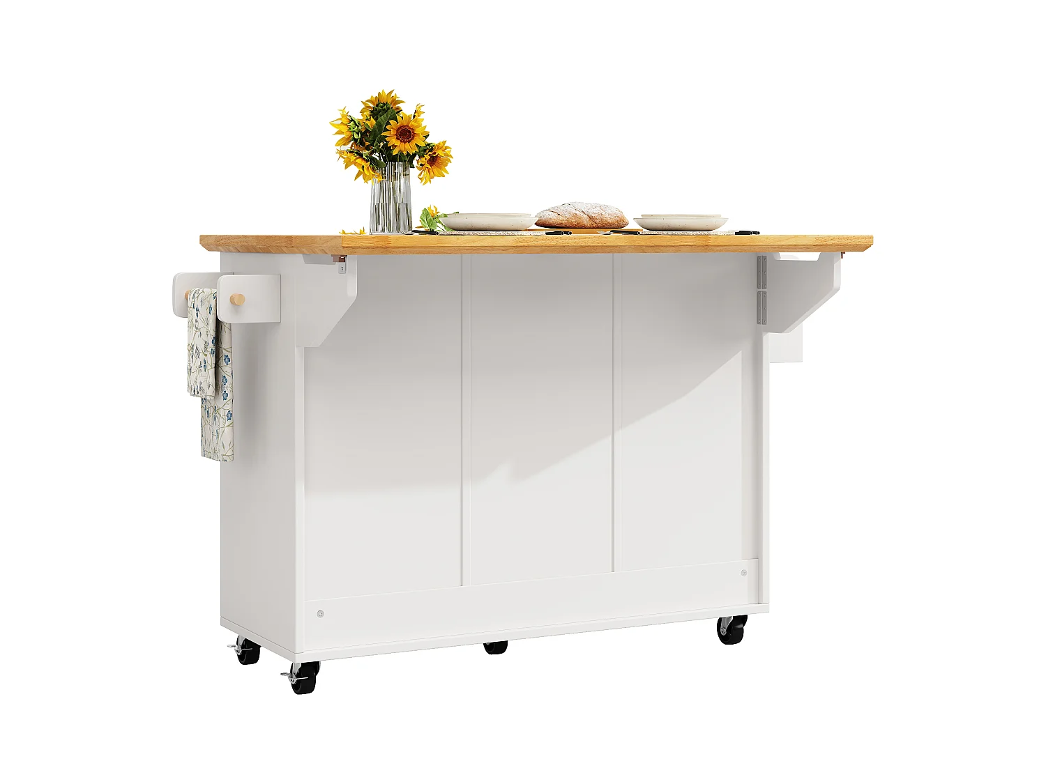 Carrello da cucina bianco e naturale con 2 ante e 5 cassetti, ripiani regolabili 140 x 73 (45) x 93 cm