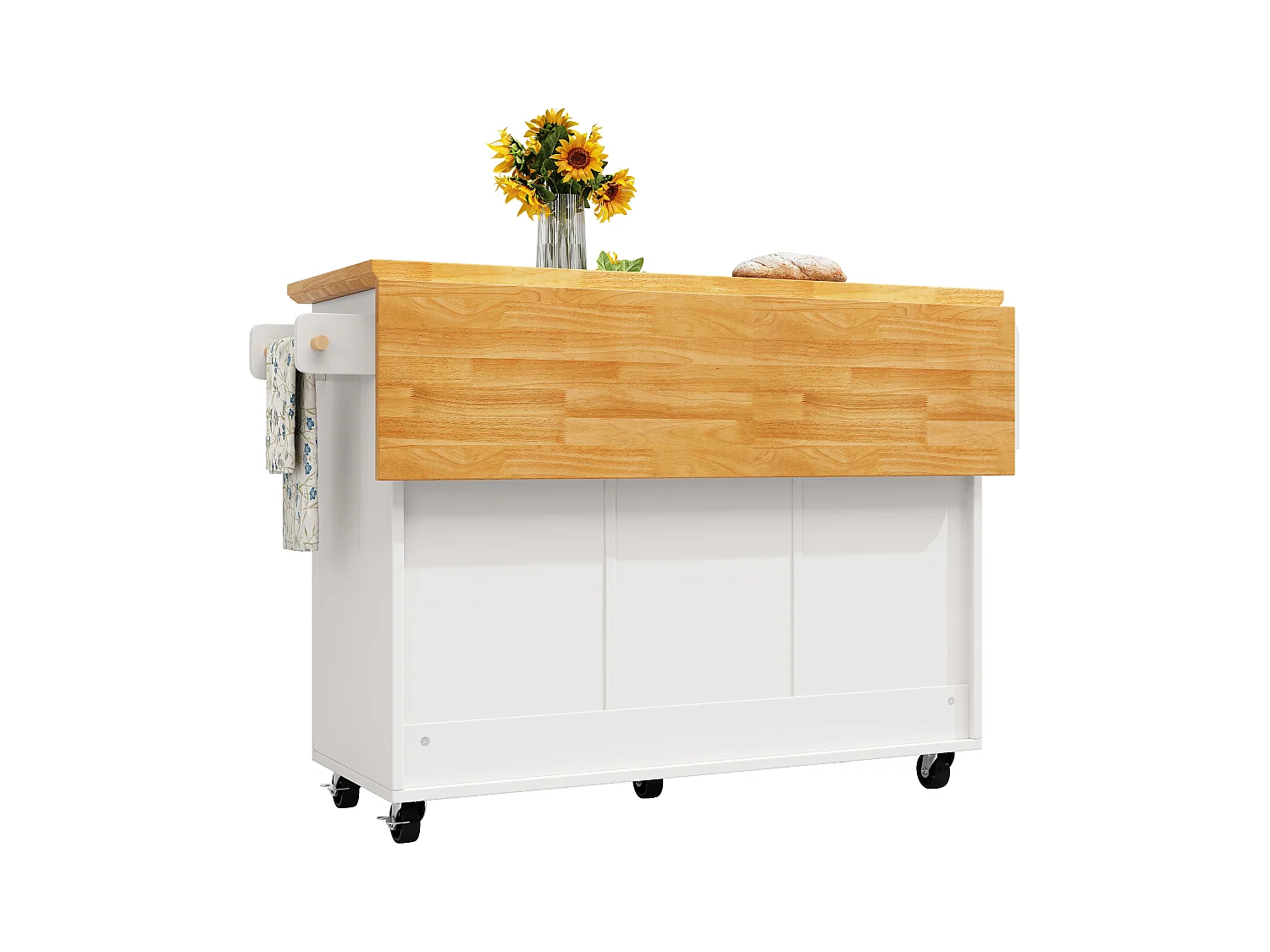 Carrello da cucina bianco e naturale con 2 ante e 5 cassetti, ripiani regolabili 140 x 73 (45) x 93 cm