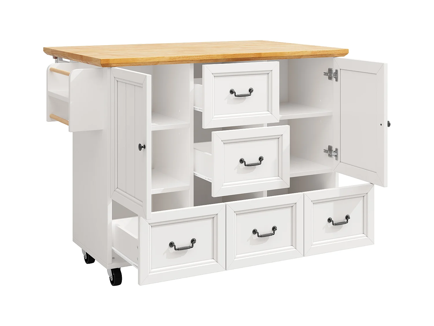 Carrello da cucina bianco e naturale con 2 ante e 5 cassetti, ripiani regolabili 140 x 73 (45) x 93 cm