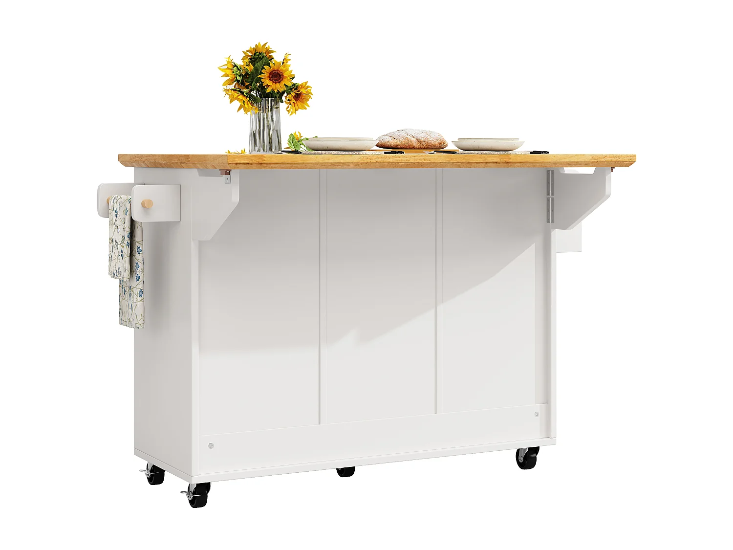 Desserte de cuisine blanche et naturelle avec 2 portes et 5 tiroirs, étagères réglables 140 x 73 (45) x 93 cm