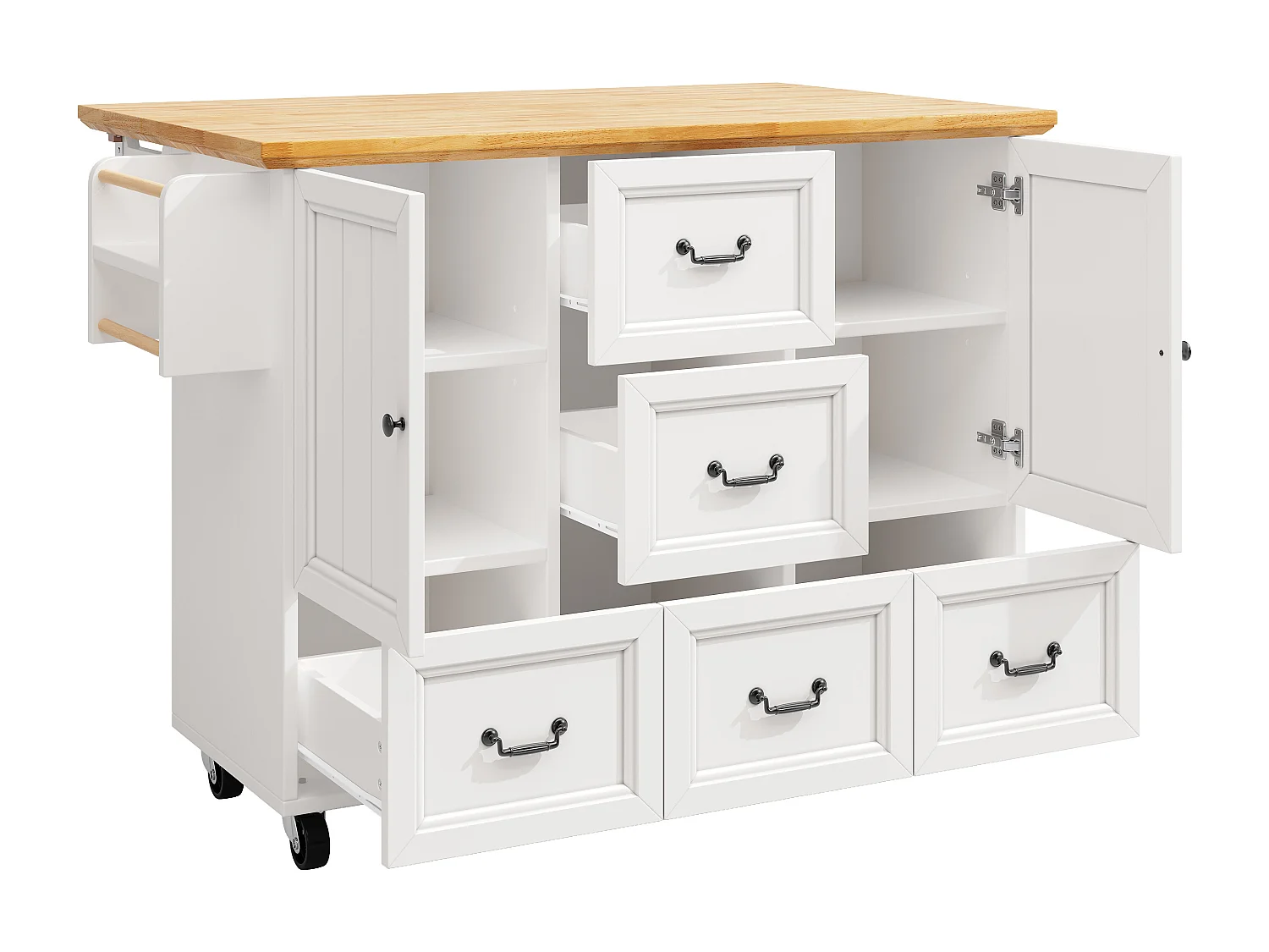 Desserte de cuisine blanche et naturelle avec 2 portes et 5 tiroirs, étagères réglables 140 x 73 (45) x 93 cm