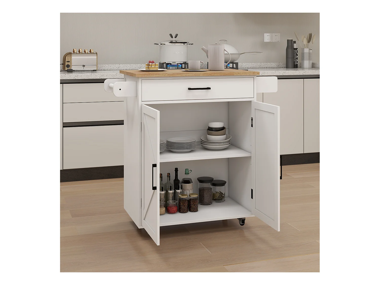 Carrello da cucina bianco con 2 ante, cassetto e portasciugamani, piano in legno