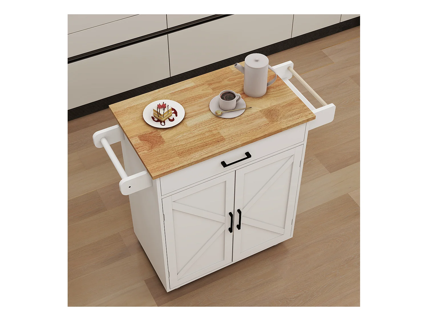 Carrello da cucina bianco con 2 ante, cassetto e portasciugamani, piano in legno