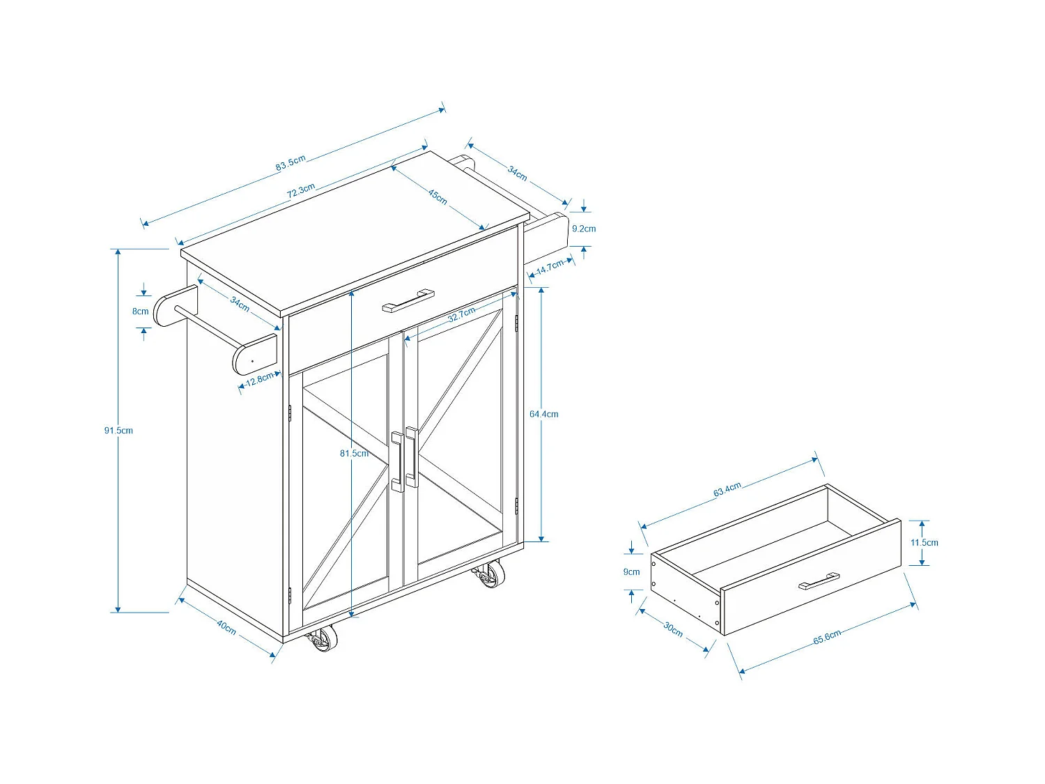 Carrello da cucina bianco con 2 ante, cassetto e portasciugamani, piano in legno