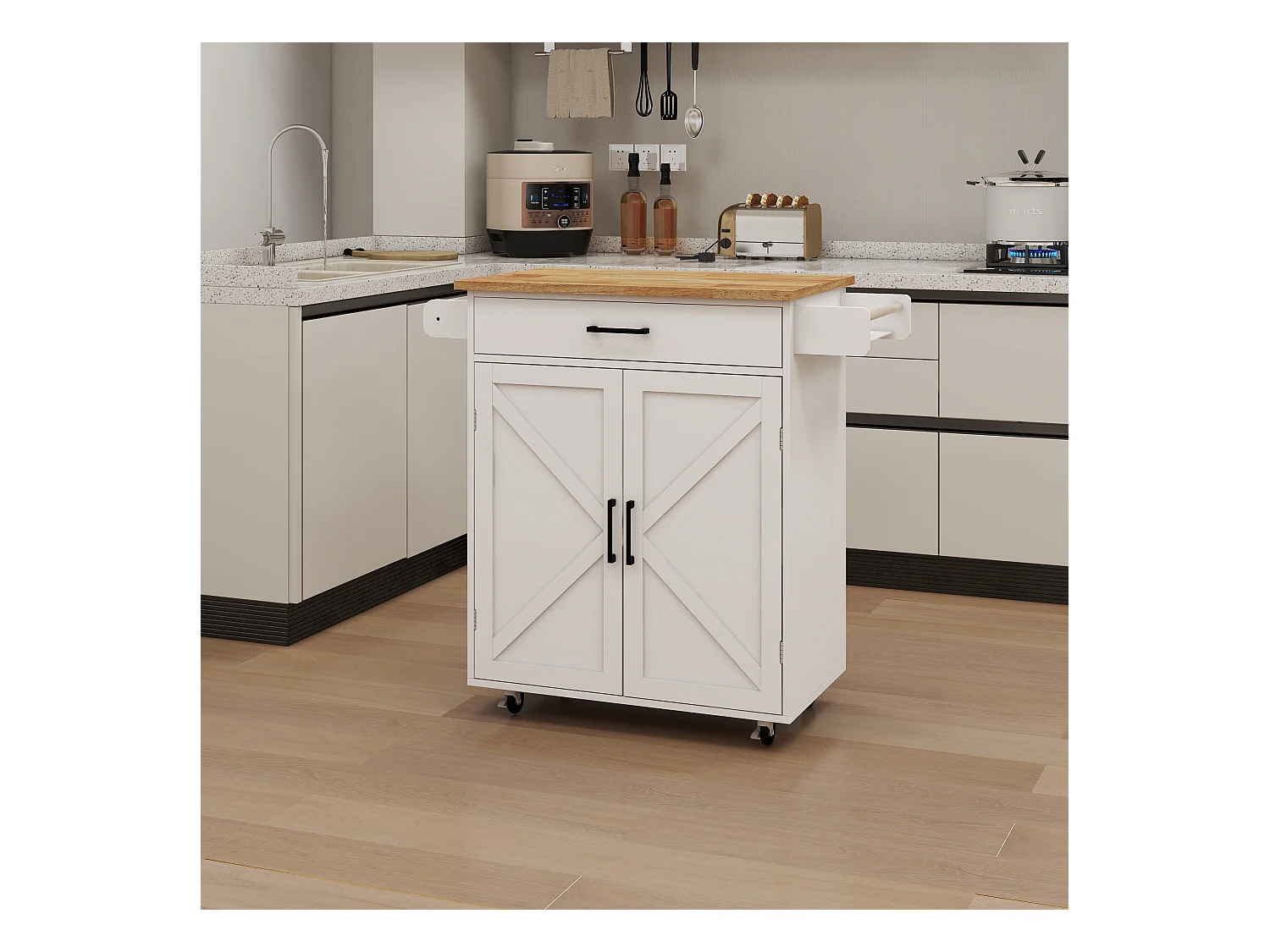 Carrello da cucina bianco con 2 ante, cassetto e portasciugamani, piano in legno