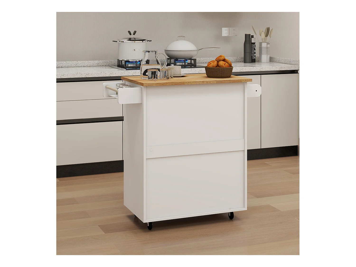 Carrello da cucina bianco con 2 ante, cassetto e portasciugamani, piano in legno