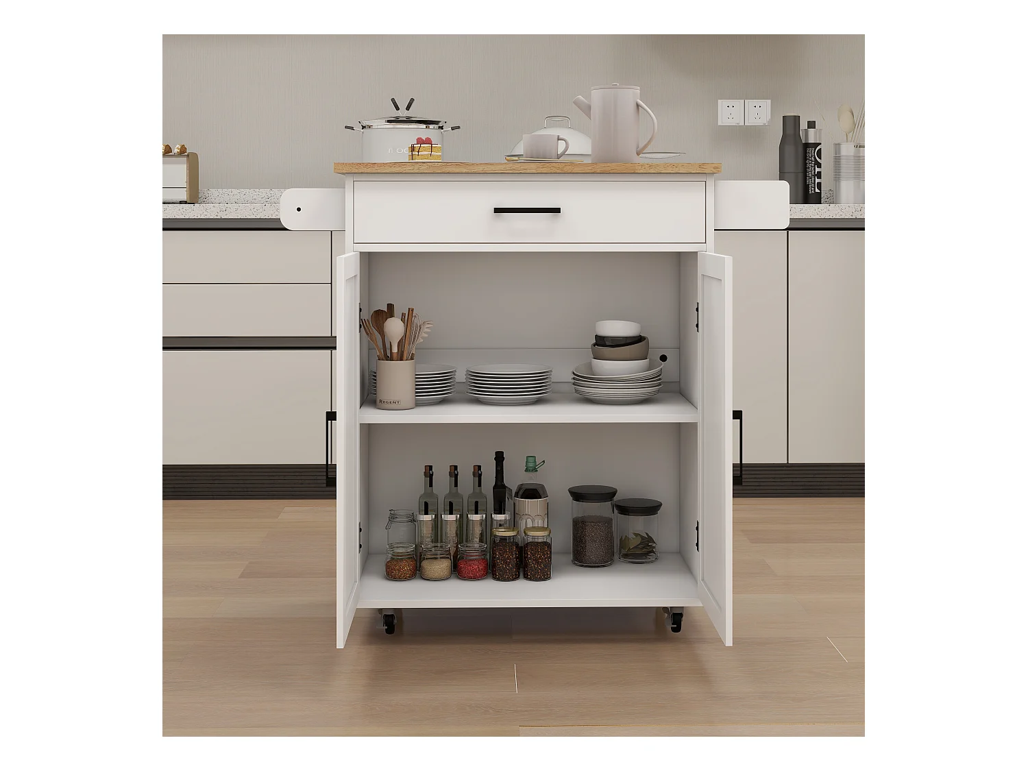 Carrello da cucina bianco con 2 ante, cassetto e portasciugamani, piano in legno