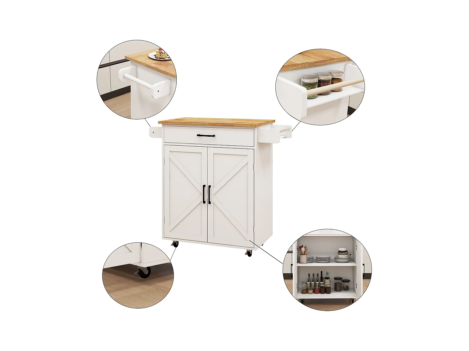 Carrello da cucina bianco con 2 ante, cassetto e portasciugamani, piano in legno