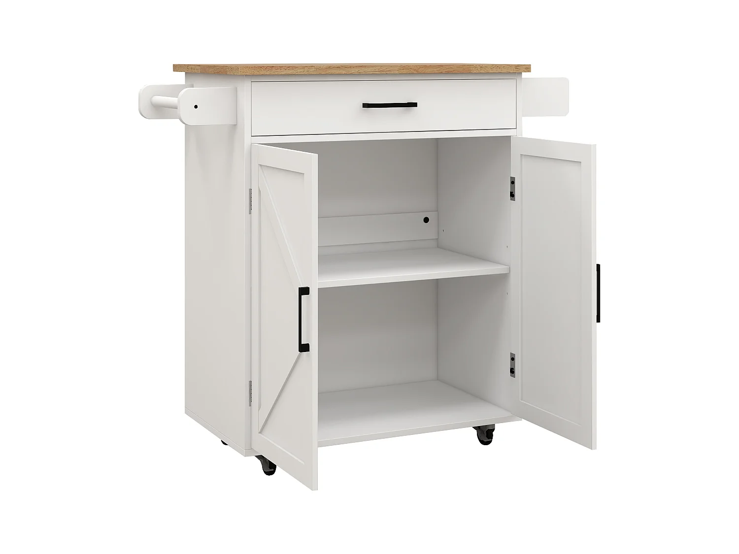 Carrello da cucina bianco con 2 ante, cassetto e portasciugamani, piano in legno