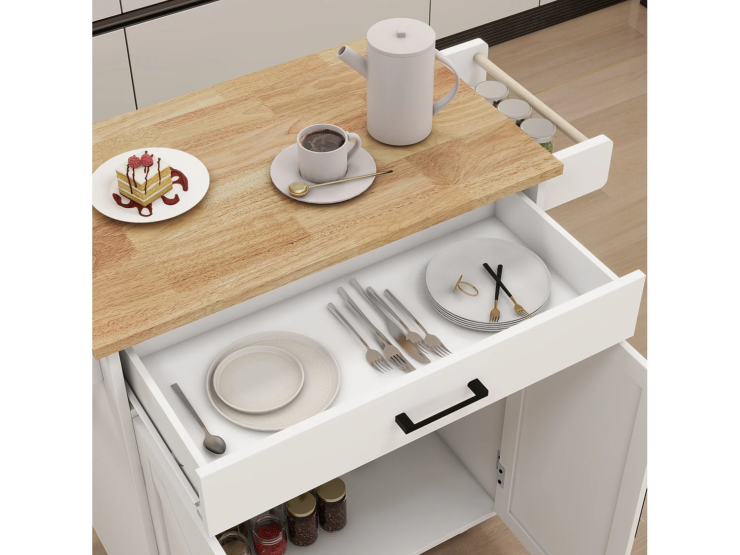 Carrello da cucina bianco con 2 ante, cassetto e portasciugamani, piano in legno