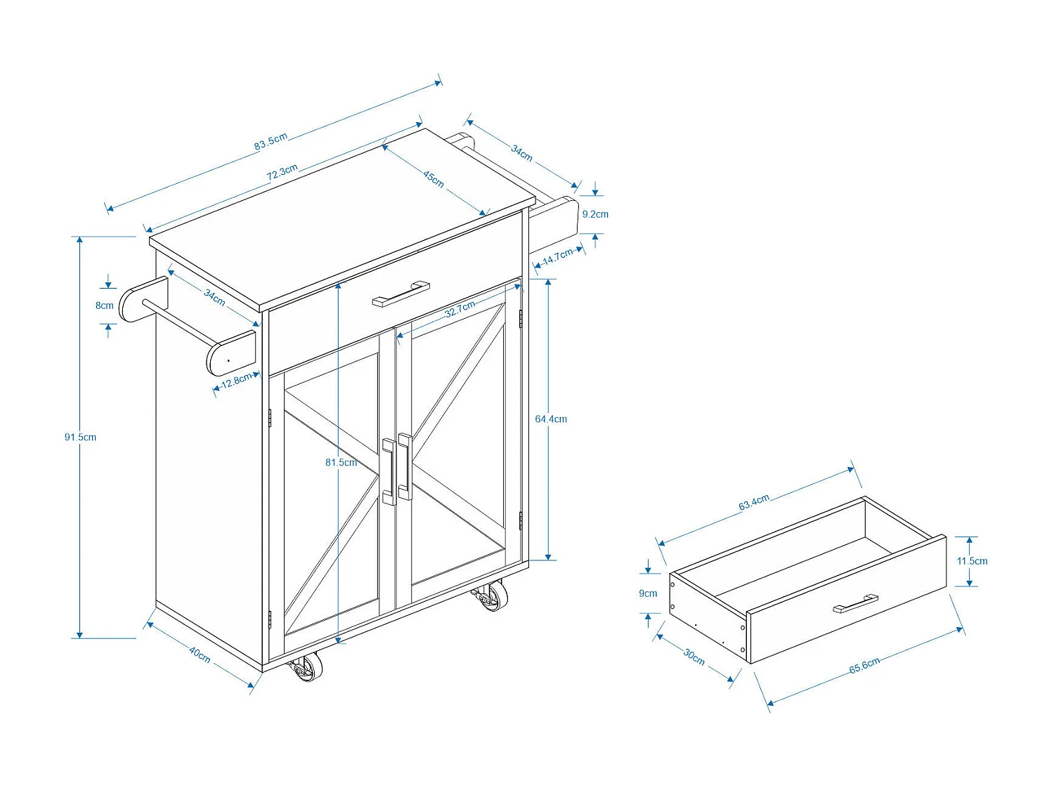 Desserte de cuisine blanche avec 2 portes, tiroir et porte-serviette, plateau en bois