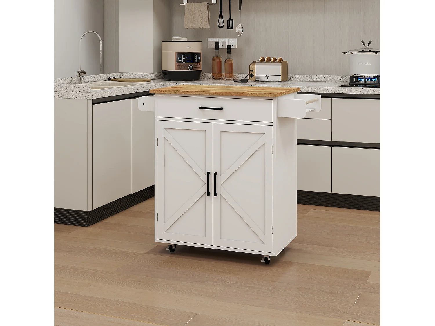 Desserte de cuisine blanche avec 2 portes, tiroir et porte-serviette, plateau en bois