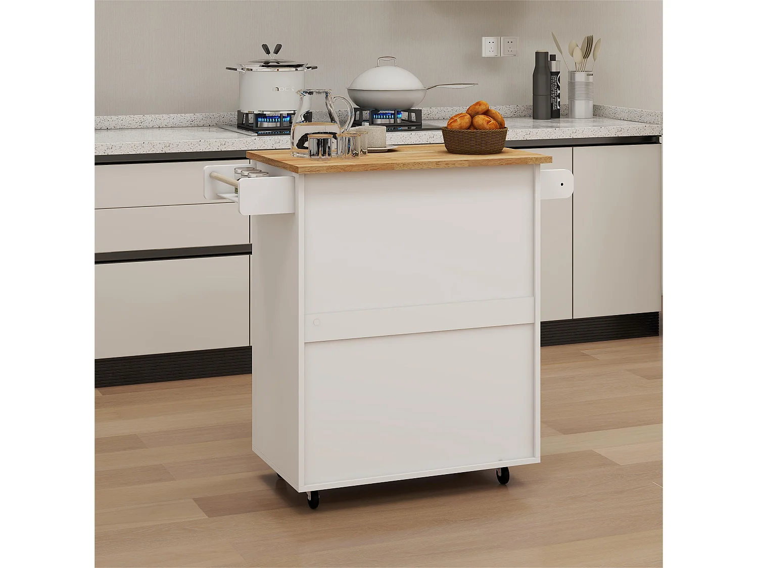 Desserte de cuisine blanche avec 2 portes, tiroir et porte-serviette, plateau en bois