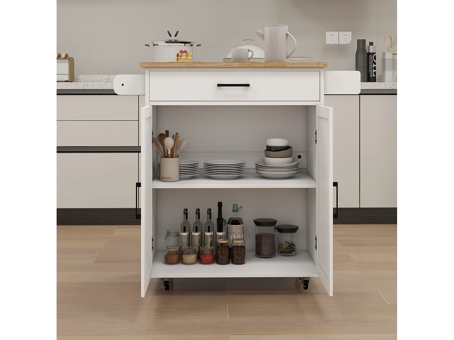 Desserte de cuisine blanche avec 2 portes, tiroir et porte-serviette, plateau en bois