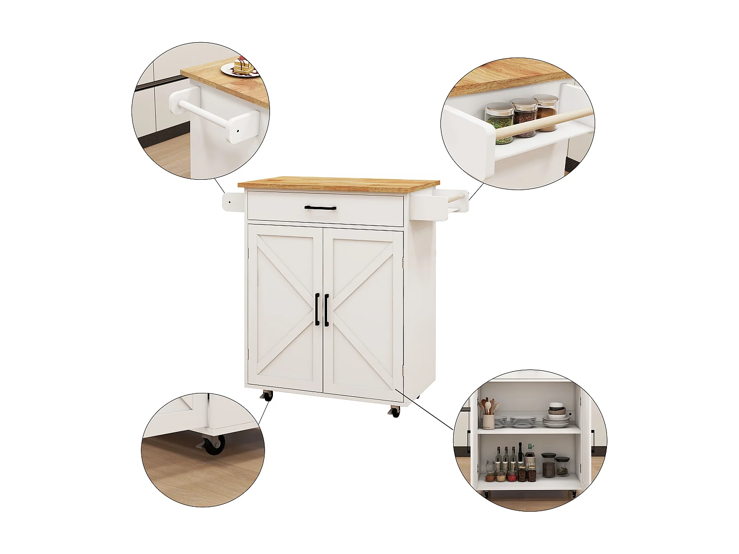 Desserte de cuisine blanche avec 2 portes, tiroir et porte-serviette, plateau en bois