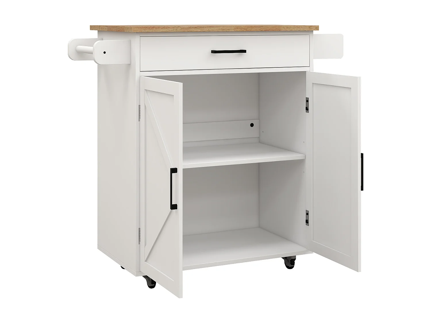 Desserte de cuisine blanche avec 2 portes, tiroir et porte-serviette, plateau en bois