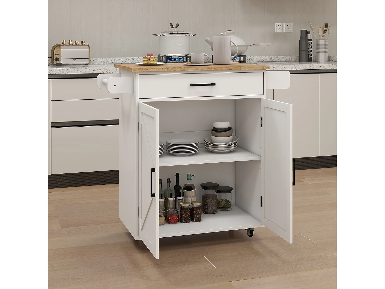 Desserte de cuisine blanche avec 2 portes, tiroir et porte-serviette, plateau en bois