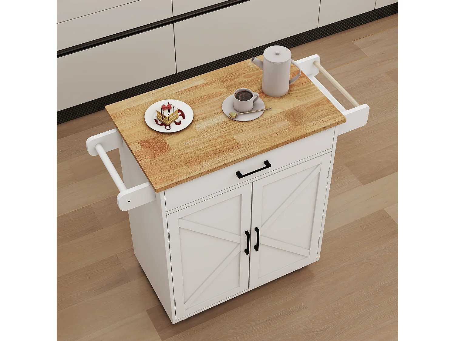 Desserte de cuisine blanche avec 2 portes, tiroir et porte-serviette, plateau en bois