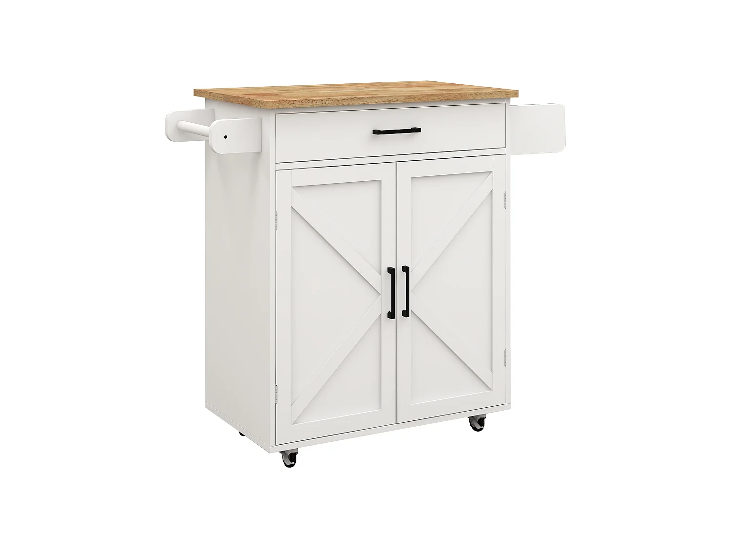 Desserte de cuisine blanche avec 2 portes, tiroir et porte-serviette, plateau en bois