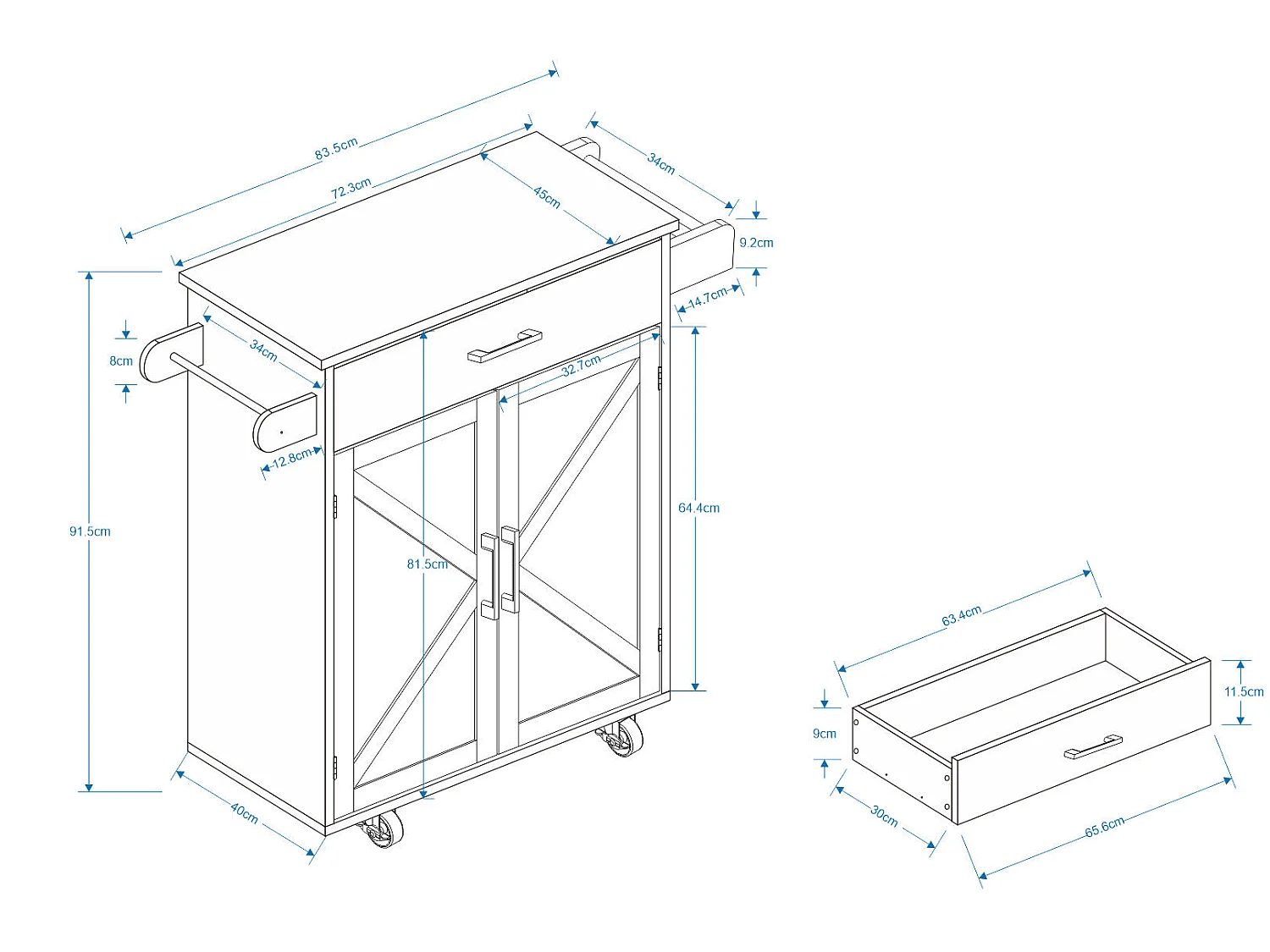 Desserte de cuisine blanche avec 2 portes, tiroir et porte-serviette, plateau en bois