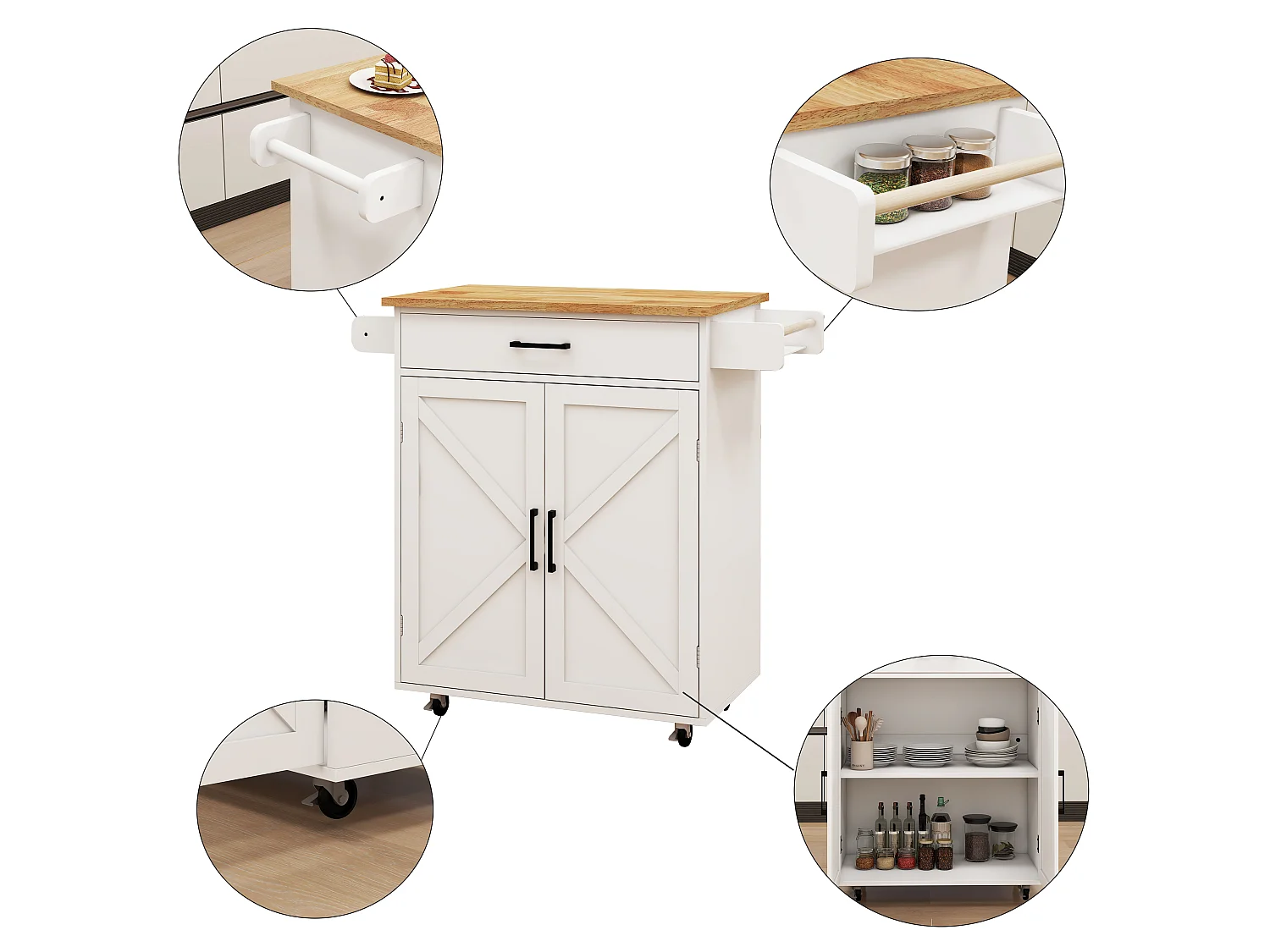 Desserte de cuisine blanche avec 2 portes, tiroir et porte-serviette, plateau en bois