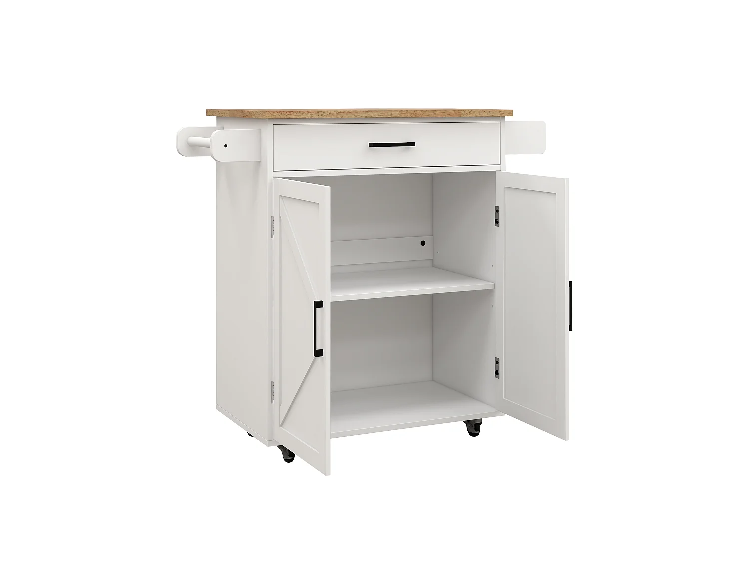 Desserte de cuisine blanche avec 2 portes, tiroir et porte-serviette, plateau en bois