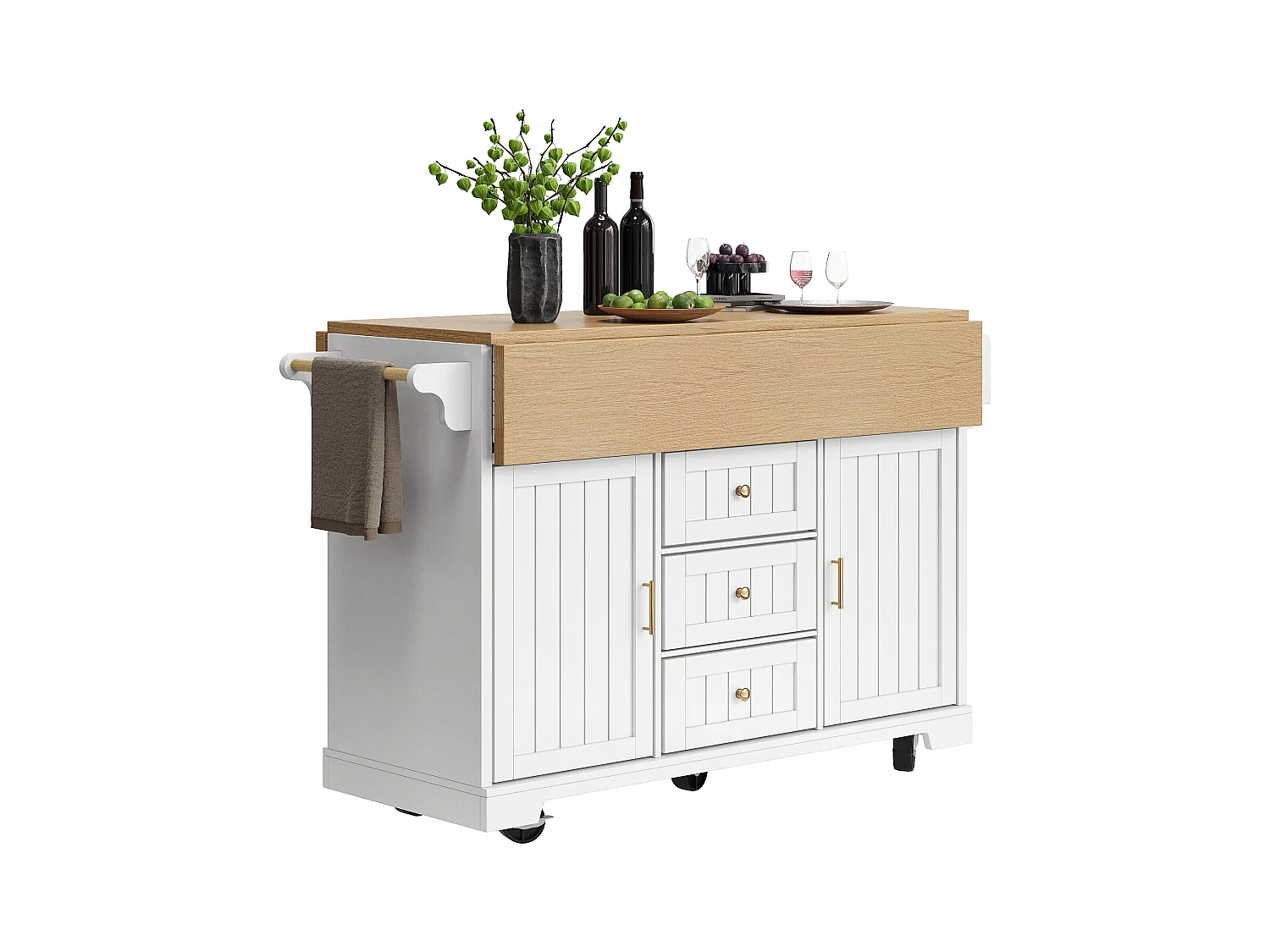 Carrello da cucina bianco con 2 ante, 3 cassetti e portasciugamani, porta spezie, vassoio estensibile