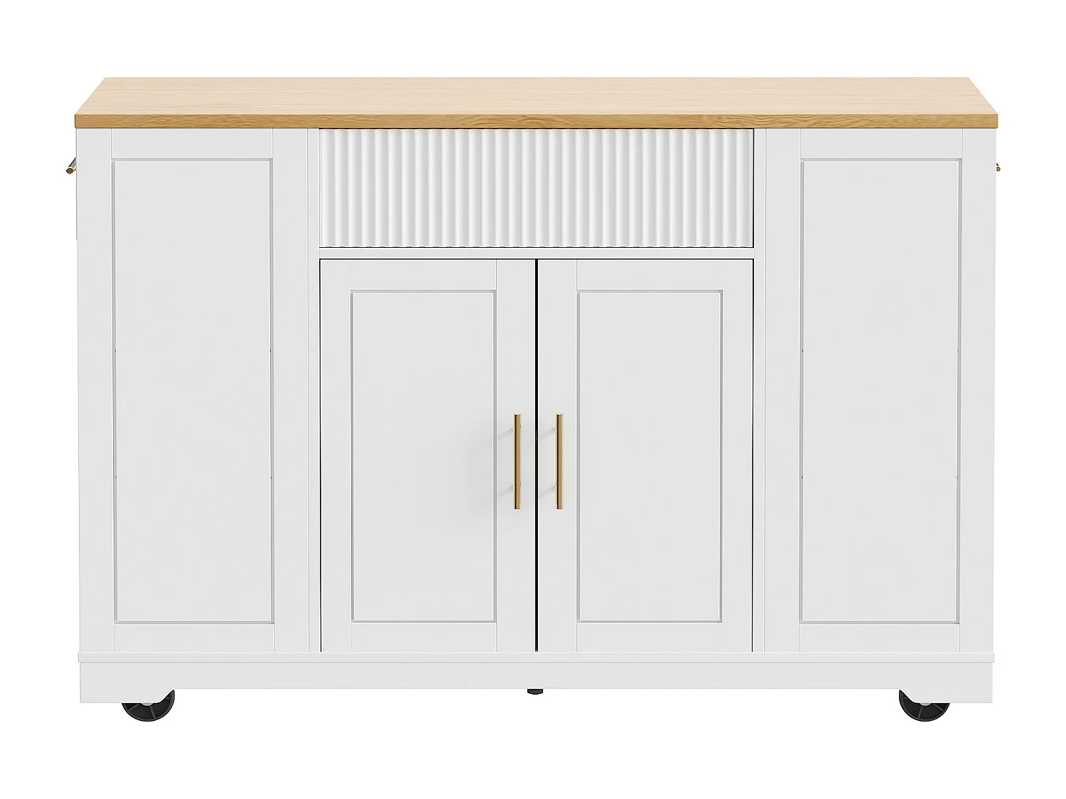 Witte keukentrolley met 2 deuren, 3 lades en afvalvak, metalen handgrepen, houtnerf bovenblad