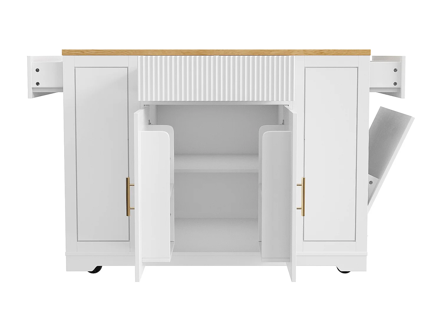 Witte keukentrolley met 2 deuren, 3 lades en afvalvak, metalen handgrepen, houtnerf bovenblad