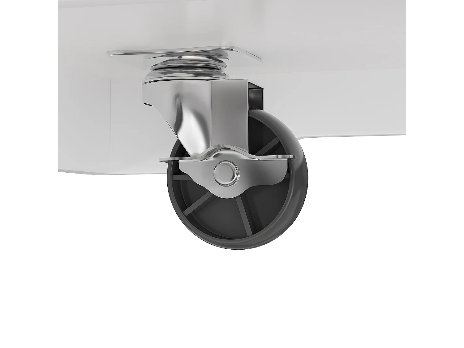 Witte keukentrolley met 2 deuren, 3 lades en afvalvak, metalen handgrepen, houtnerf bovenblad