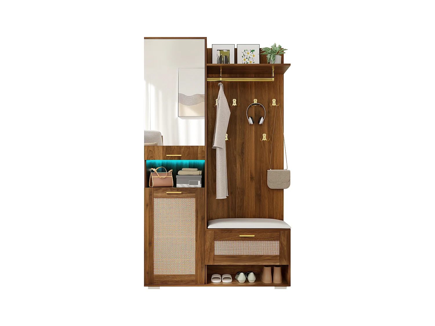 Vestiaire avec miroir + 6 patères + meuble à chaussures + porte-manteau mural + banc et Leds - 110 x 38 x 190 cm - MDF + aggloméré - marron