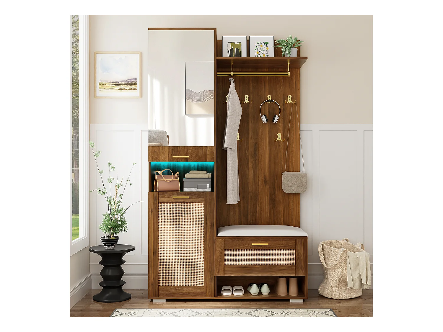 Vestiaire avec miroir + 6 patères + meuble à chaussures + porte-manteau mural + banc et Leds - 110 x 38 x 190 cm - MDF + aggloméré - marron