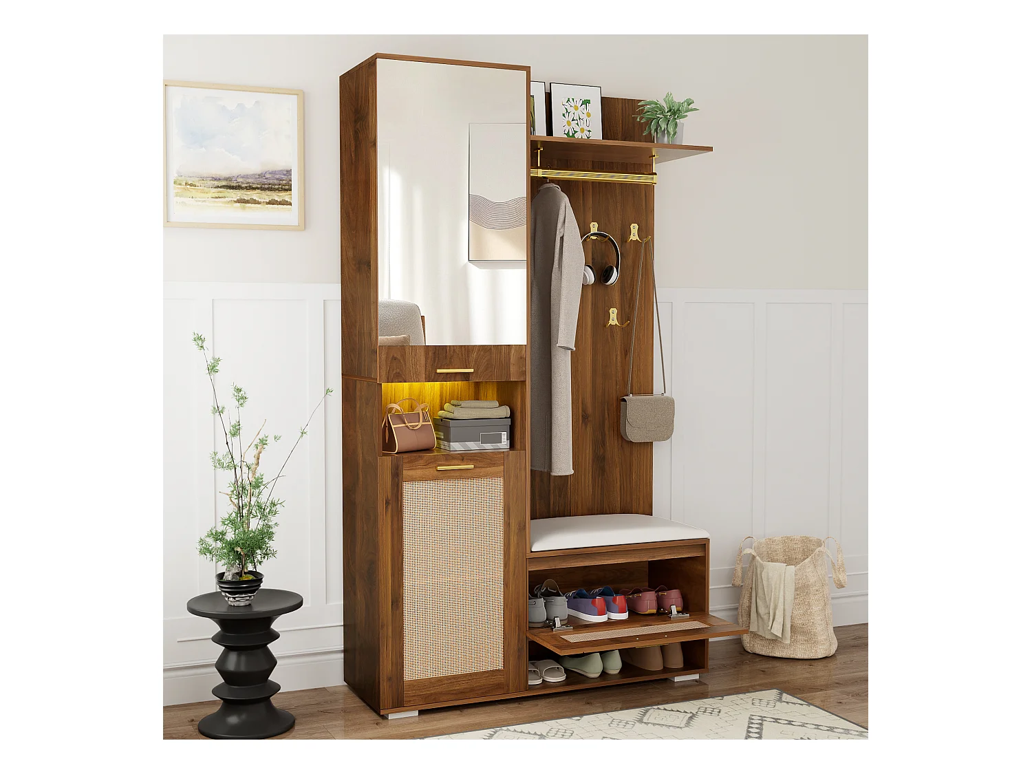 Vestiaire avec miroir + 6 patères + meuble à chaussures + porte-manteau mural + banc et Leds - 110 x 38 x 190 cm - MDF + aggloméré - marron