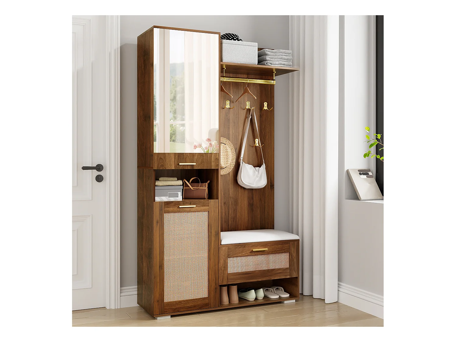 Vestiaire avec miroir + 6 patères + meuble à chaussures + porte-manteau mural + banc et Leds - 110 x 38 x 190 cm - MDF + aggloméré - marron