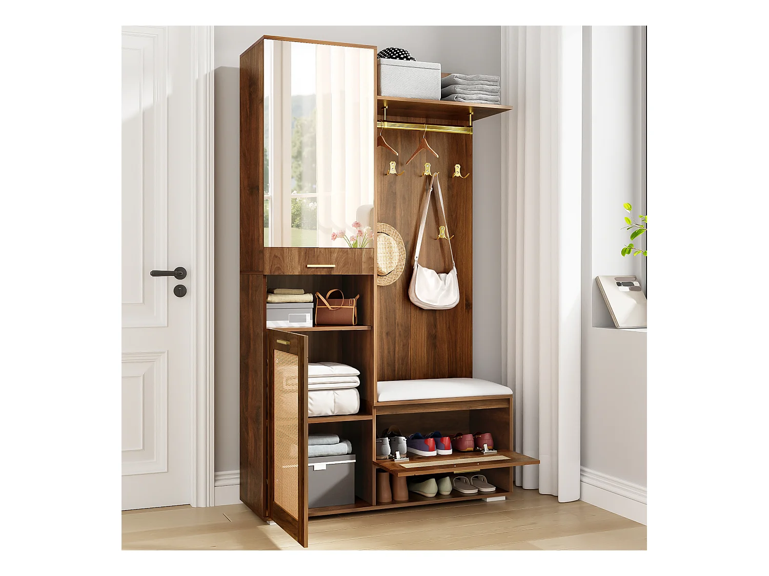 Vestiaire avec miroir + 6 patères + meuble à chaussures + porte-manteau mural + banc et Leds - 110 x 38 x 190 cm - MDF + aggloméré - marron