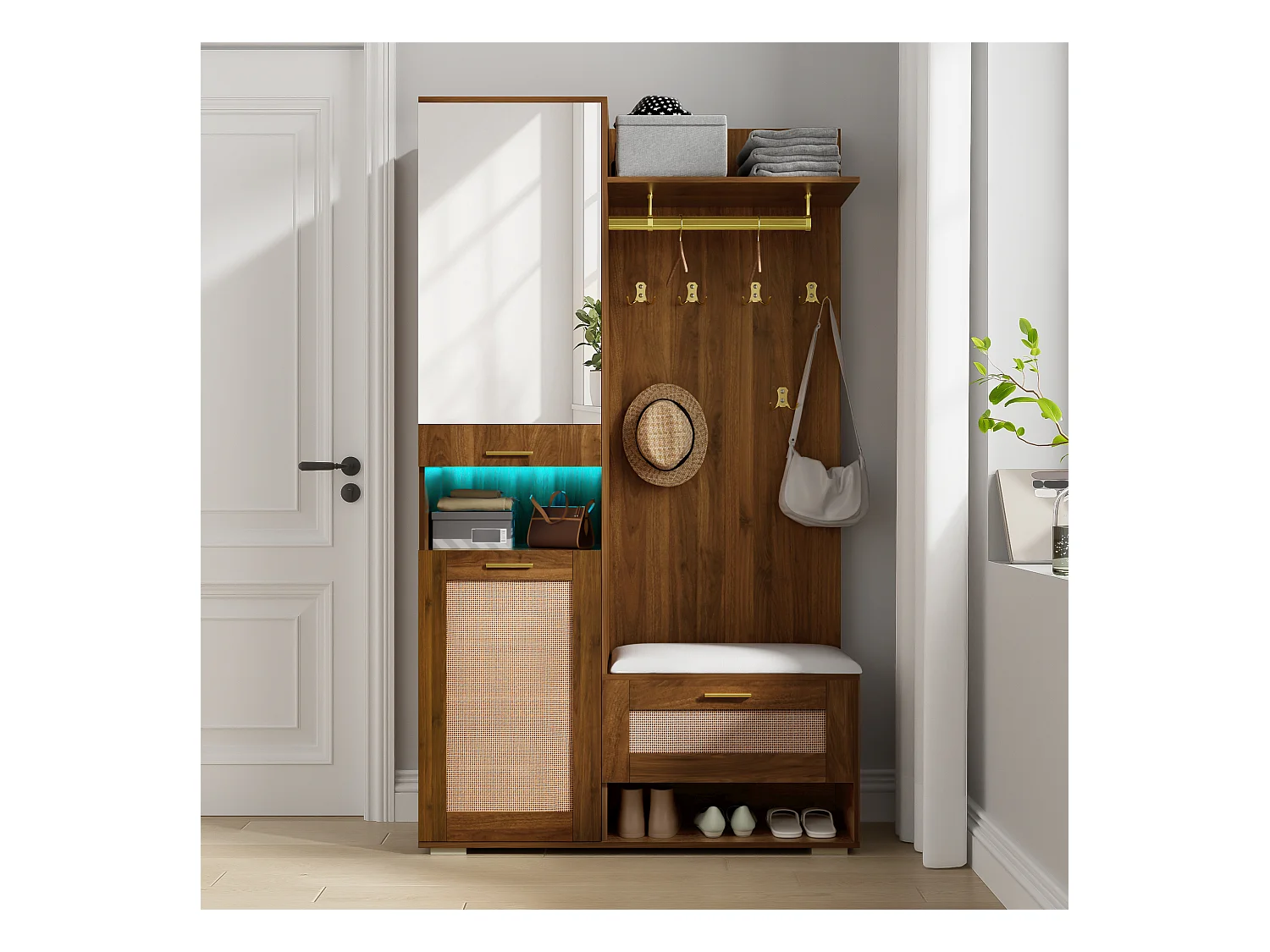 Vestiaire avec miroir + 6 patères + meuble à chaussures + porte-manteau mural + banc et Leds - 110 x 38 x 190 cm - MDF + aggloméré - marron