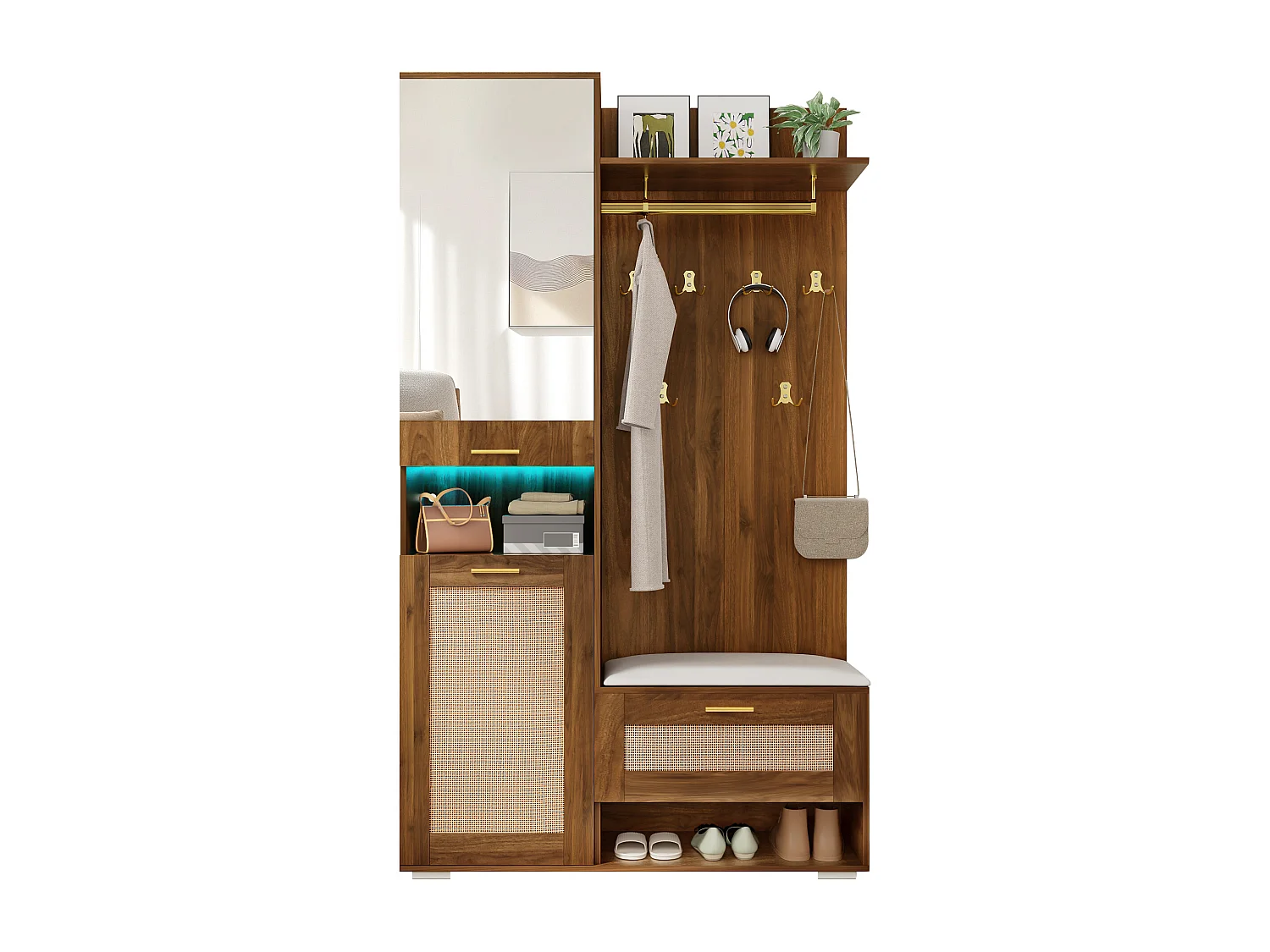 Vestiaire avec miroir + 6 patères + meuble à chaussures + porte-manteau mural + banc et Leds - 110 x 38 x 190 cm - MDF + aggloméré - marron