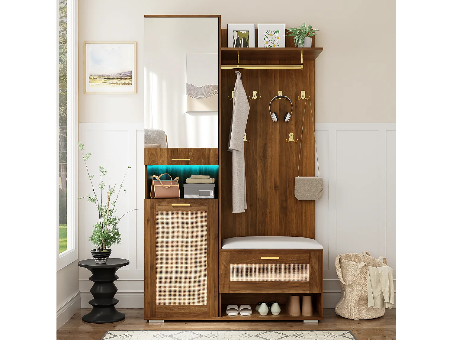 Vestiaire avec miroir + 6 patères + meuble à chaussures + porte-manteau mural + banc et Leds - 110 x 38 x 190 cm - MDF + aggloméré - marron