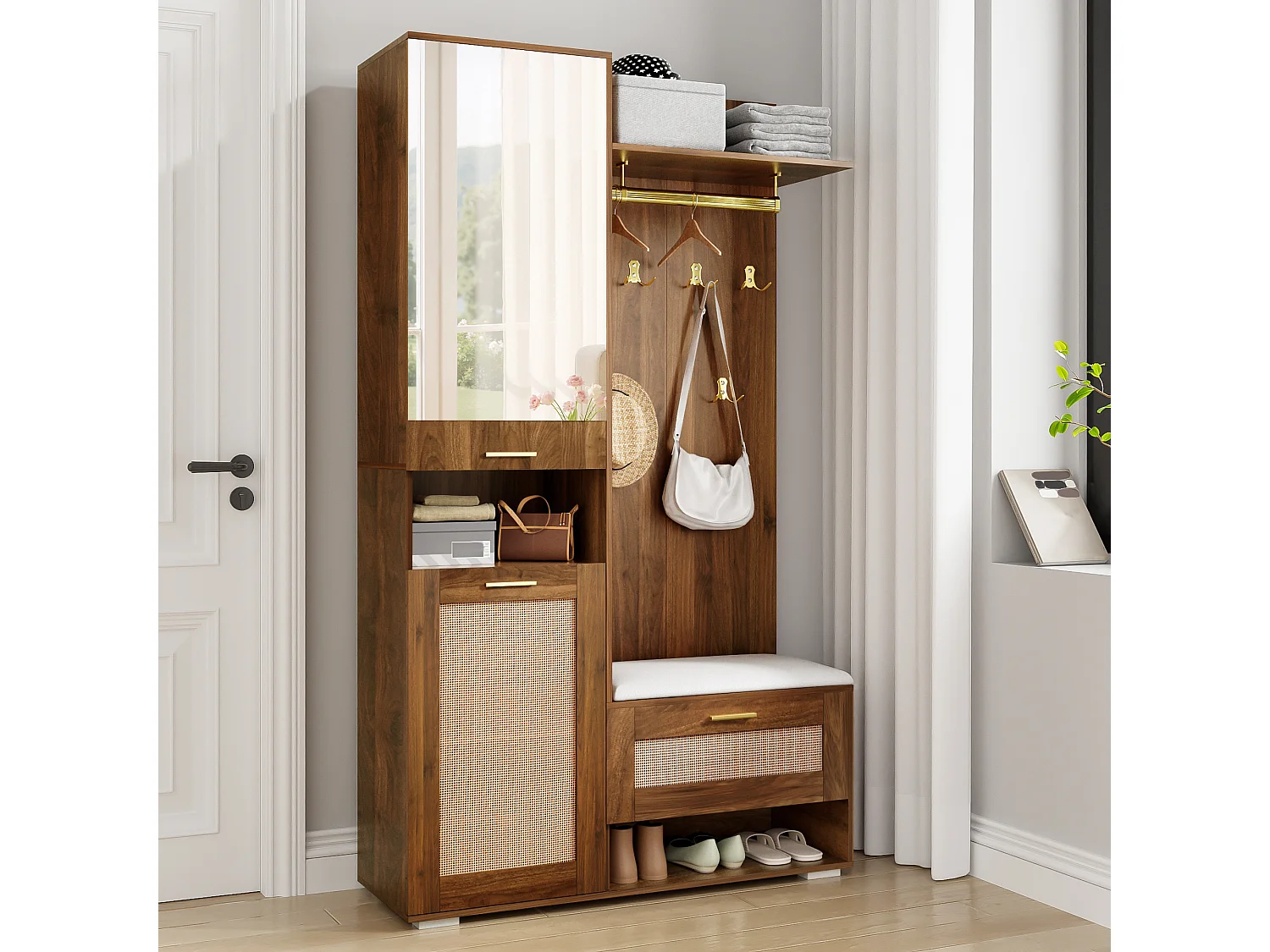 Vestiaire avec miroir + 6 patères + meuble à chaussures + porte-manteau mural + banc et Leds - 110 x 38 x 190 cm - MDF + aggloméré - marron